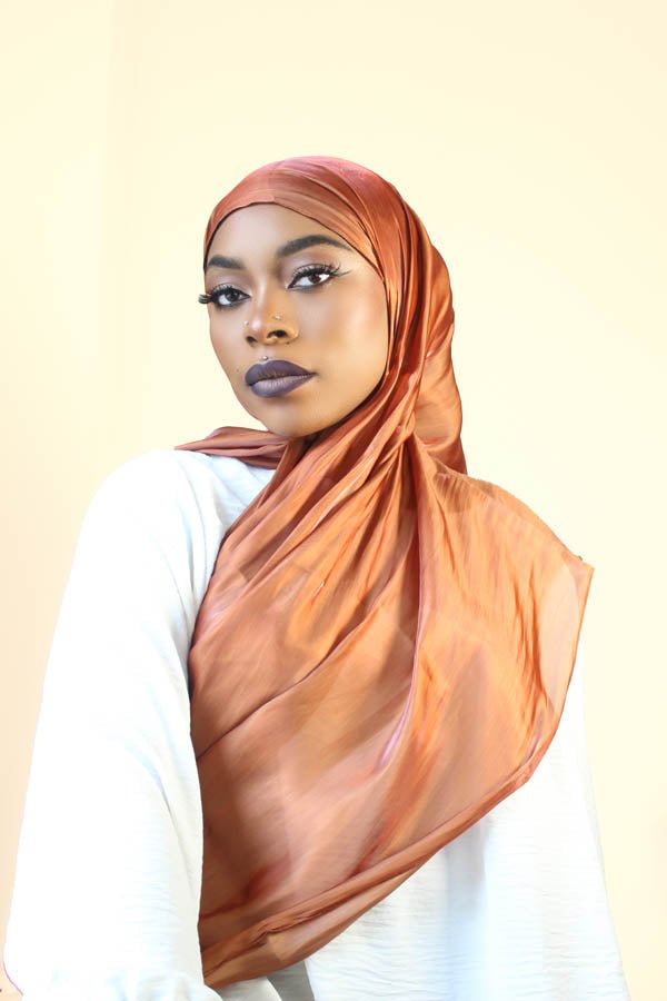 FATIMATA SHIMMERING SILK HIJAB- BURNT ORANGE