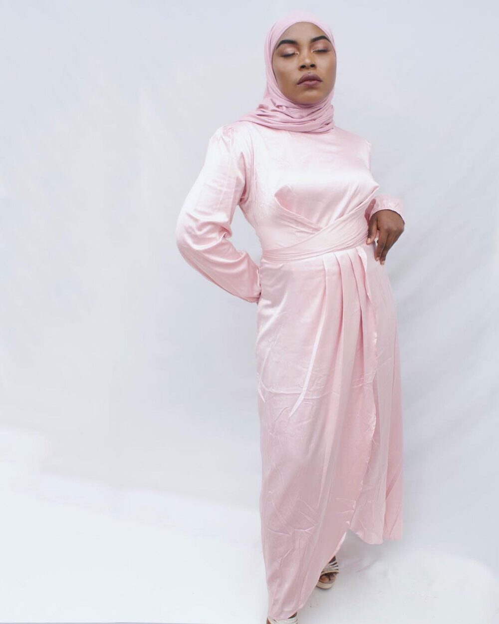 KEYA SATIN WRAP WAIST MAXI DRESS - PINK - HIJABKINGDOM