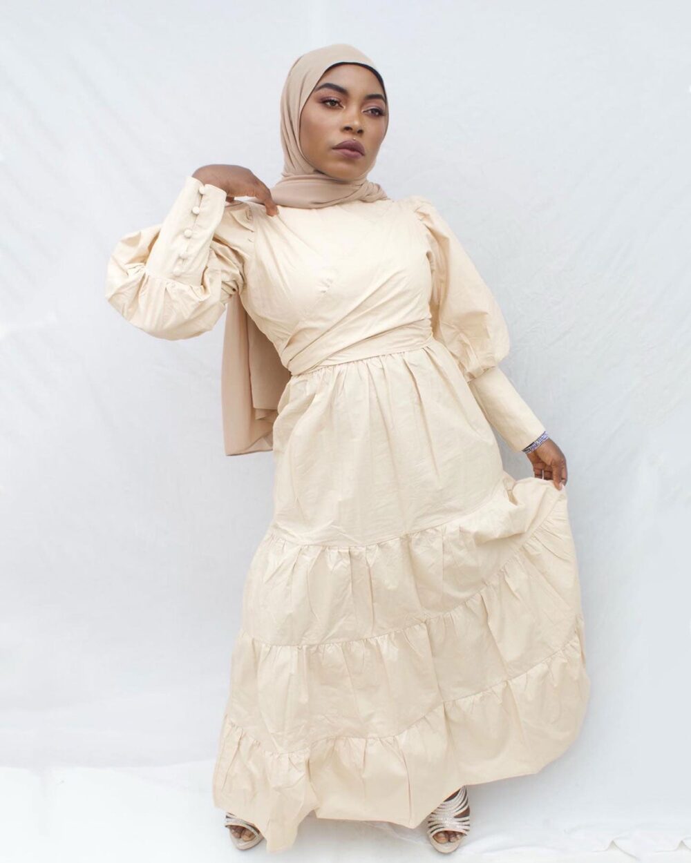 KHADIJA PUFF SLEEVE MAXI DRESS - NUDE - HIJABKINGDOM